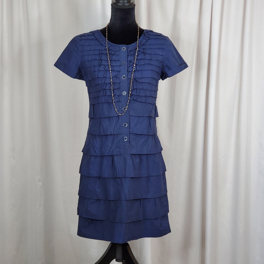 ♡ J Crew Button Front Crew Neck Short Sleeve Blue Ruffled Dress Size 2
